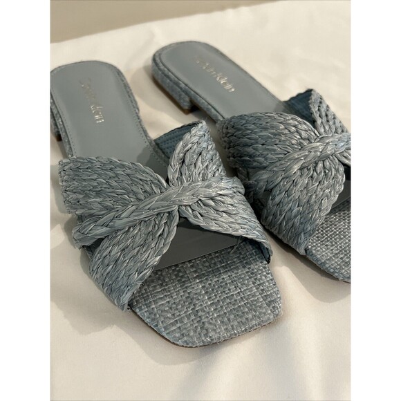 Calvin Klein Raffia Flat Sandals Powder Blue Size 7 - Picture 2 of 13